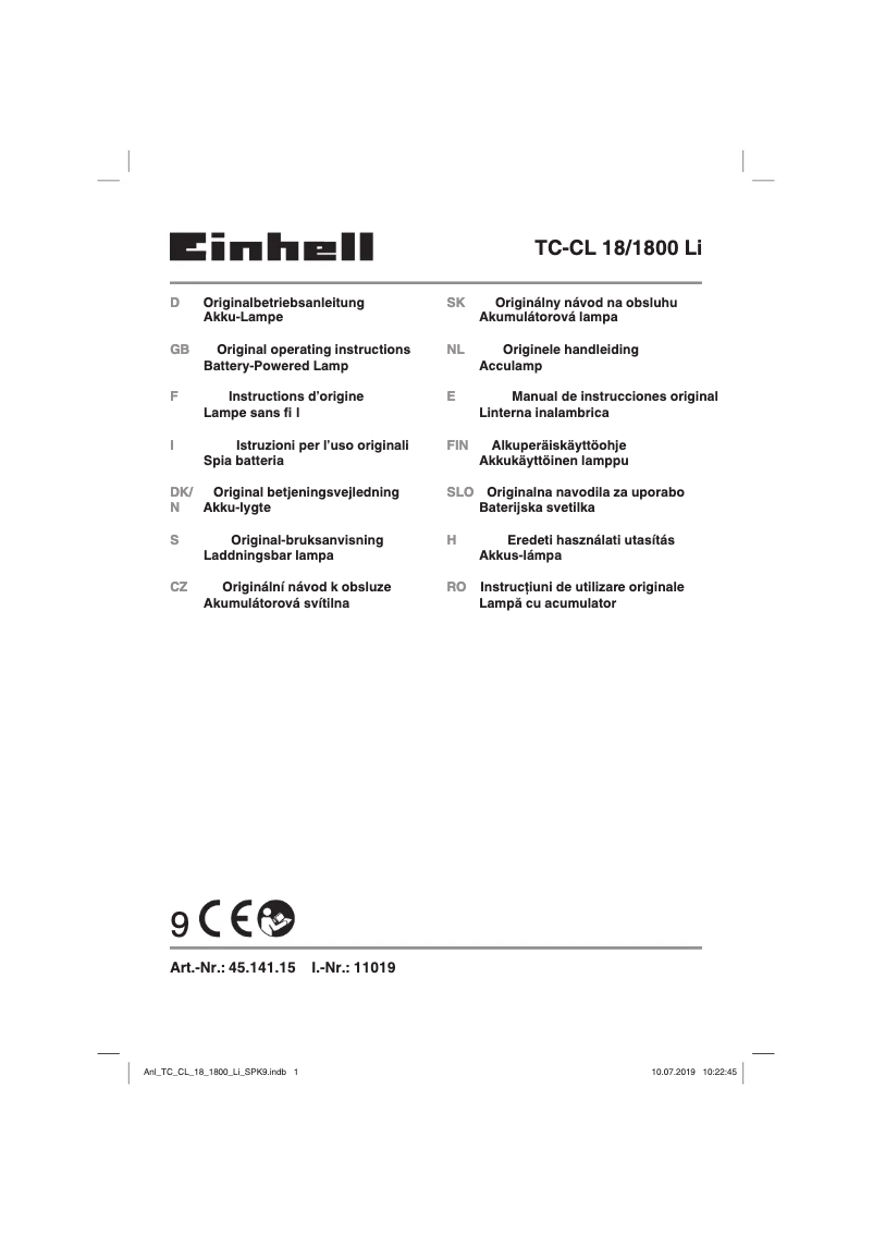Page 1 de la notice Manuel utilisateur Einhell TC-CL 18/1800 Li - Solo