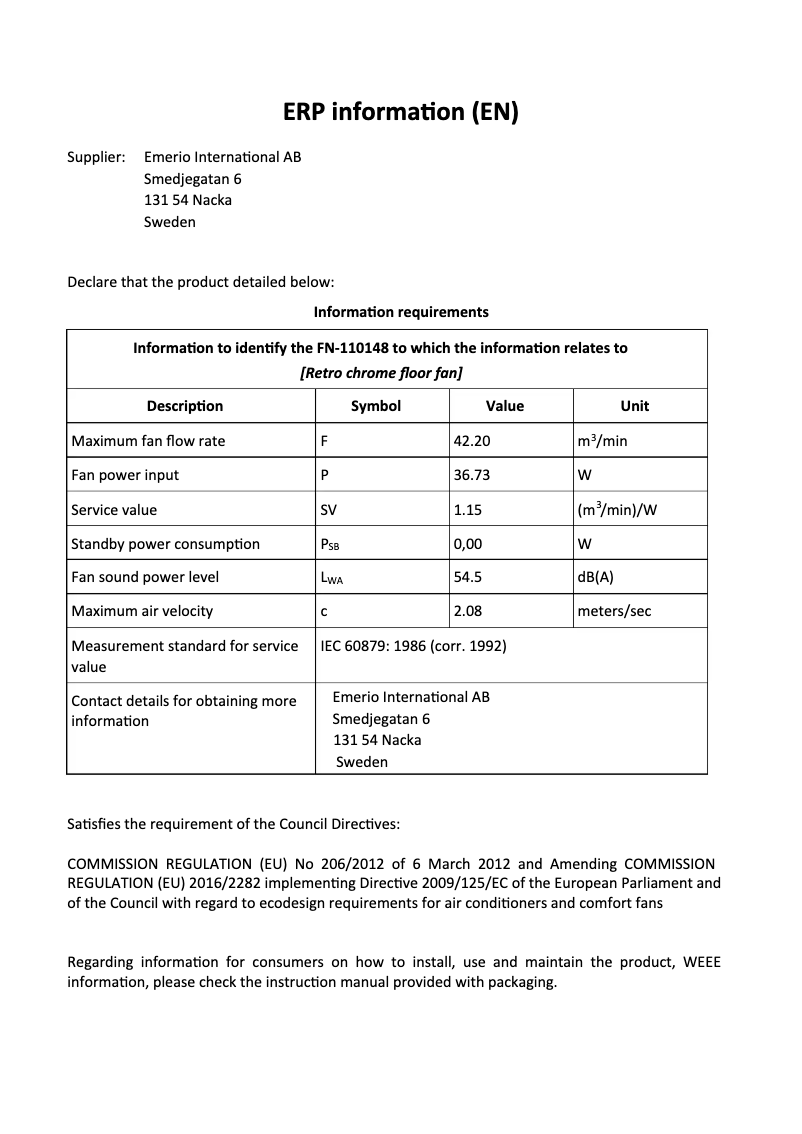 Page n°1 - Fiche technique Emerio FN-110148
