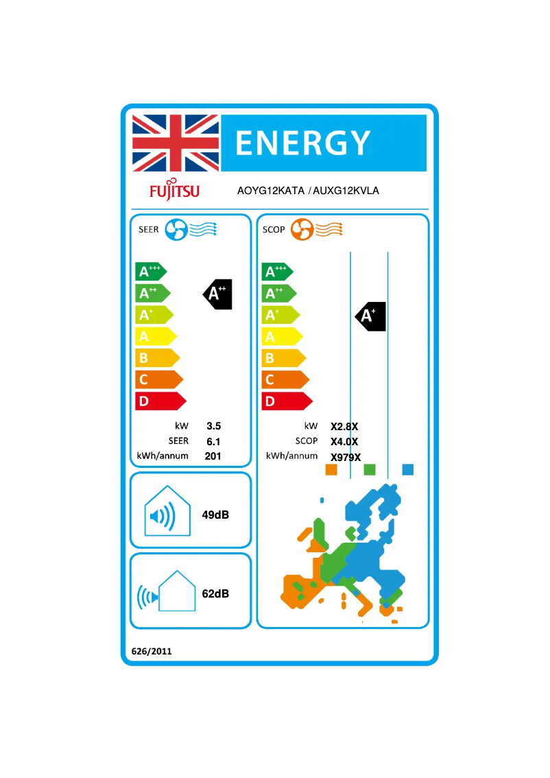 Page 1 de la notice Label énergétique Fujitsu AUXG12KVLA