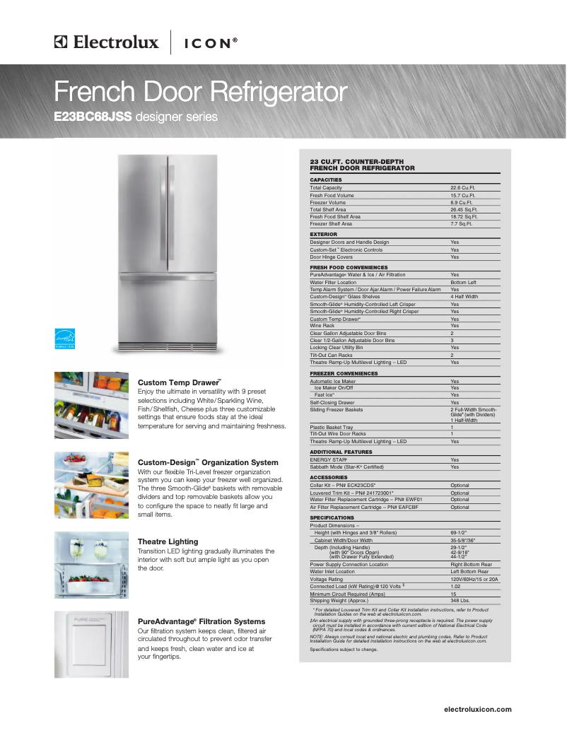 Page 1 de la notice Fiche technique Electrolux E23BC68JSS