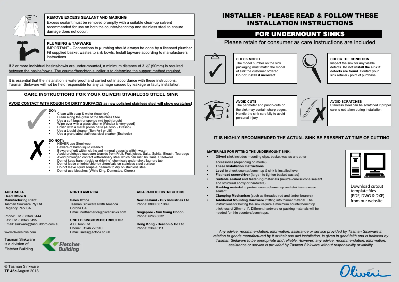 Page n°1 - Guide d'installation Oliveri SN1050U
