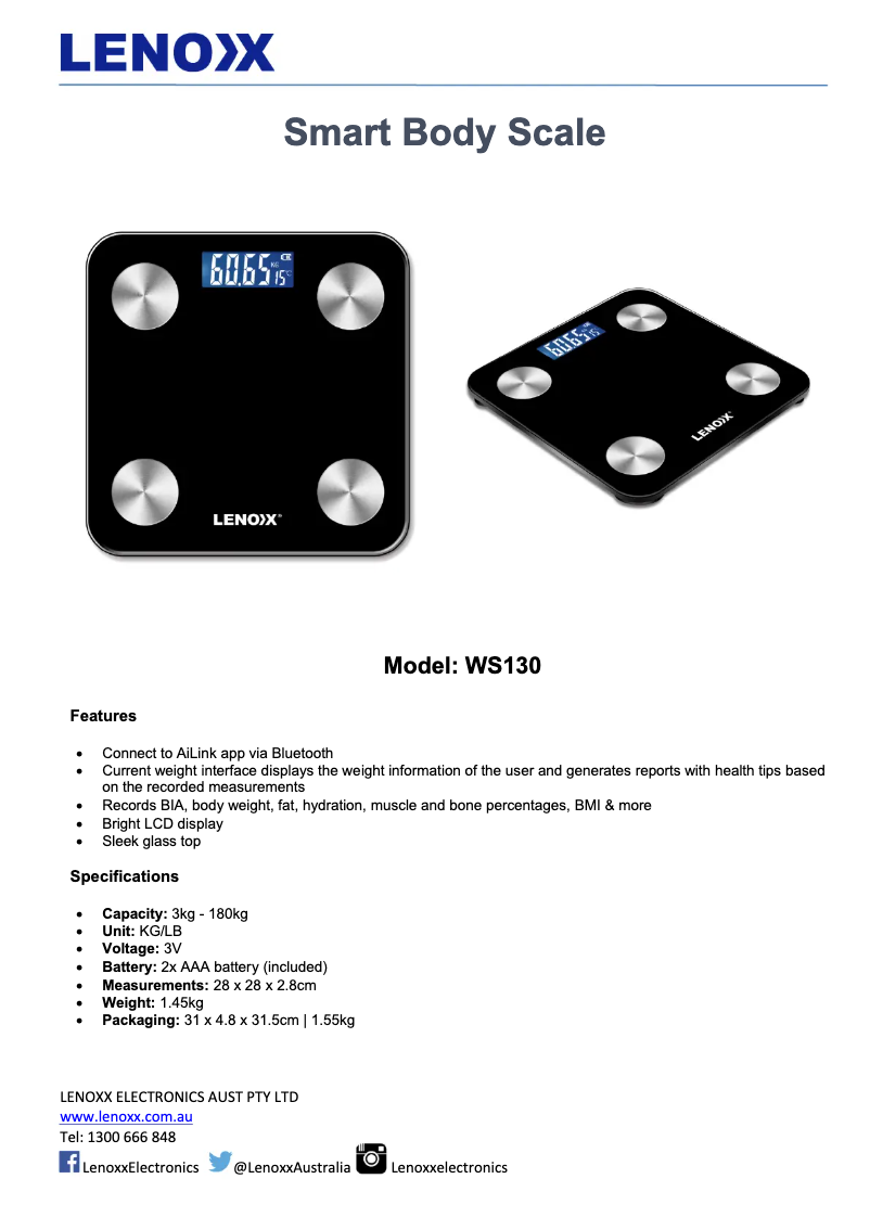 Page 1 de la notice Fiche technique Lenoxx WS130