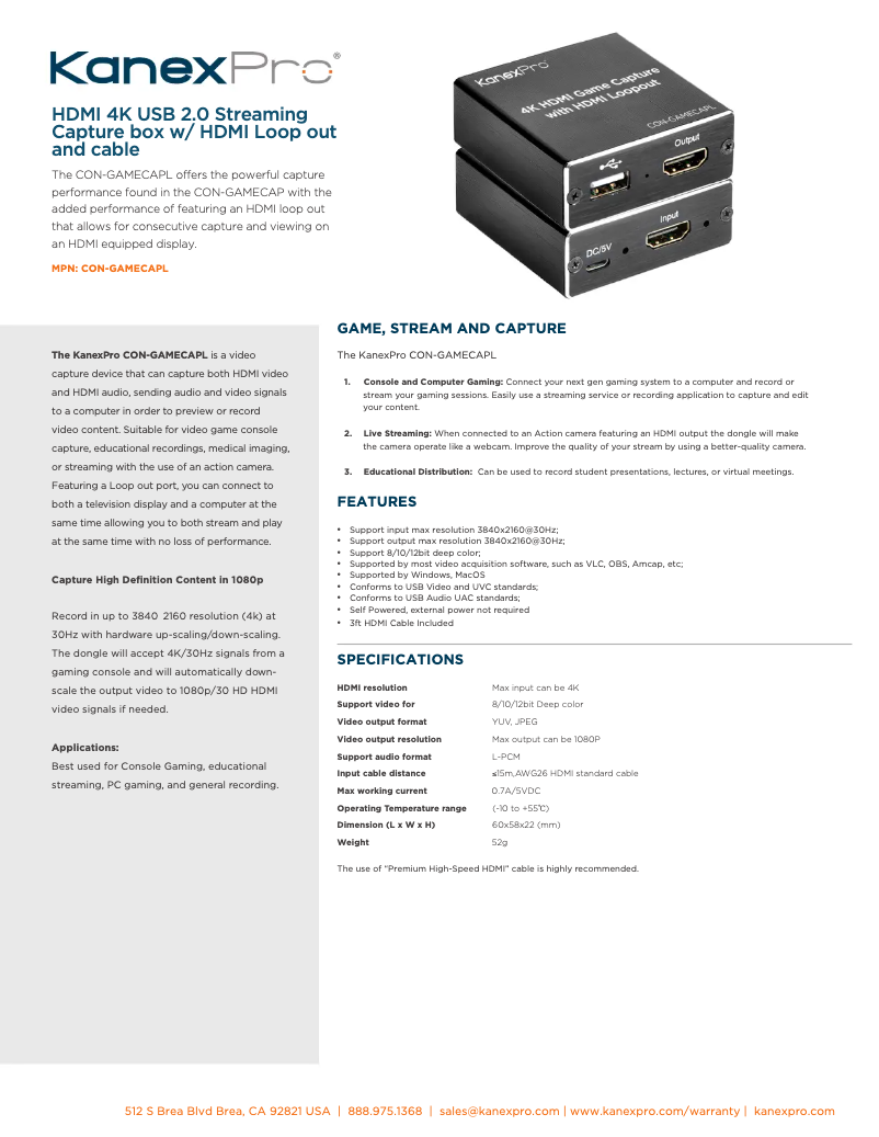 Page 1 de la notice Fiche technique KanexPro CON-GAMECAPL