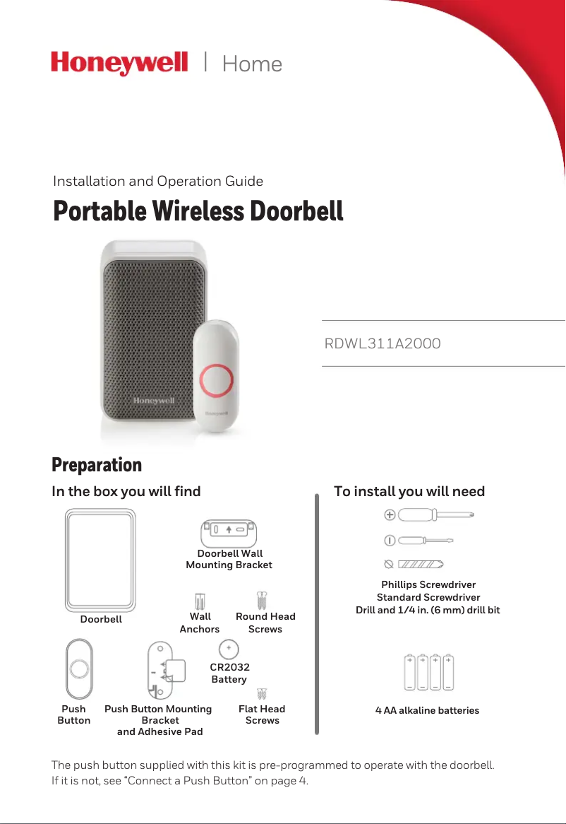 Page 1 de la notice Manuel utilisateur Honeywell RDWL311A