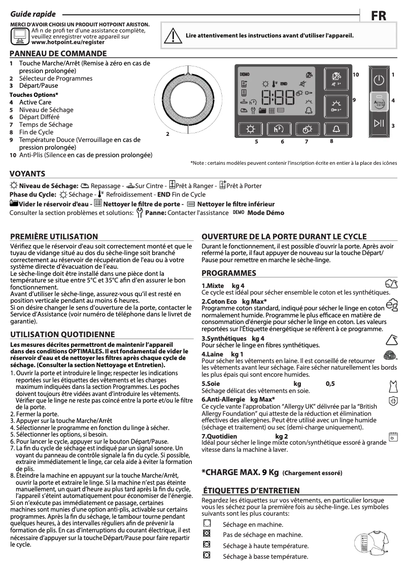 Page 1 de la notice Manuel utilisateur Hotpoint NT M11 92SK FR