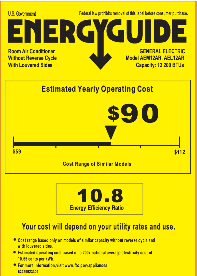 Page 1 de la notice Label énergétique GE AEL12AR