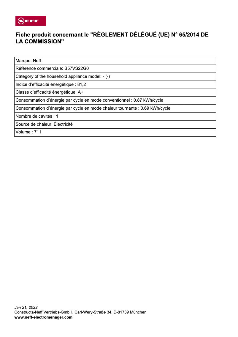 Page 1 of the manual Energy Label Neff B57VS22G0