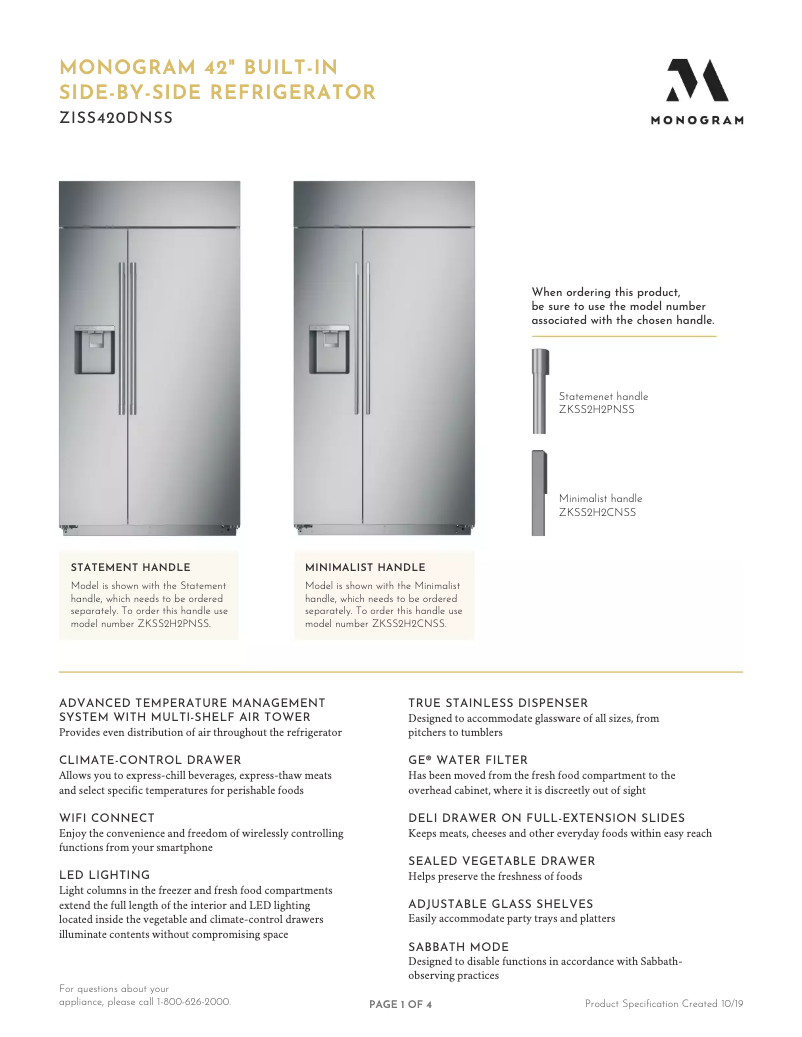 Page 1 de la notice Fiche technique Monogram ZISS420DNSS