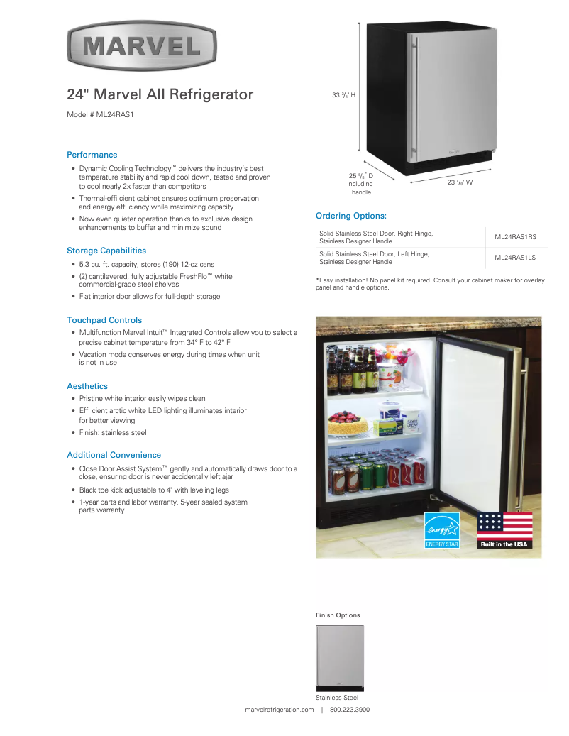 Page 1 de la notice Fiche technique Marvel ML24RAS1LS
