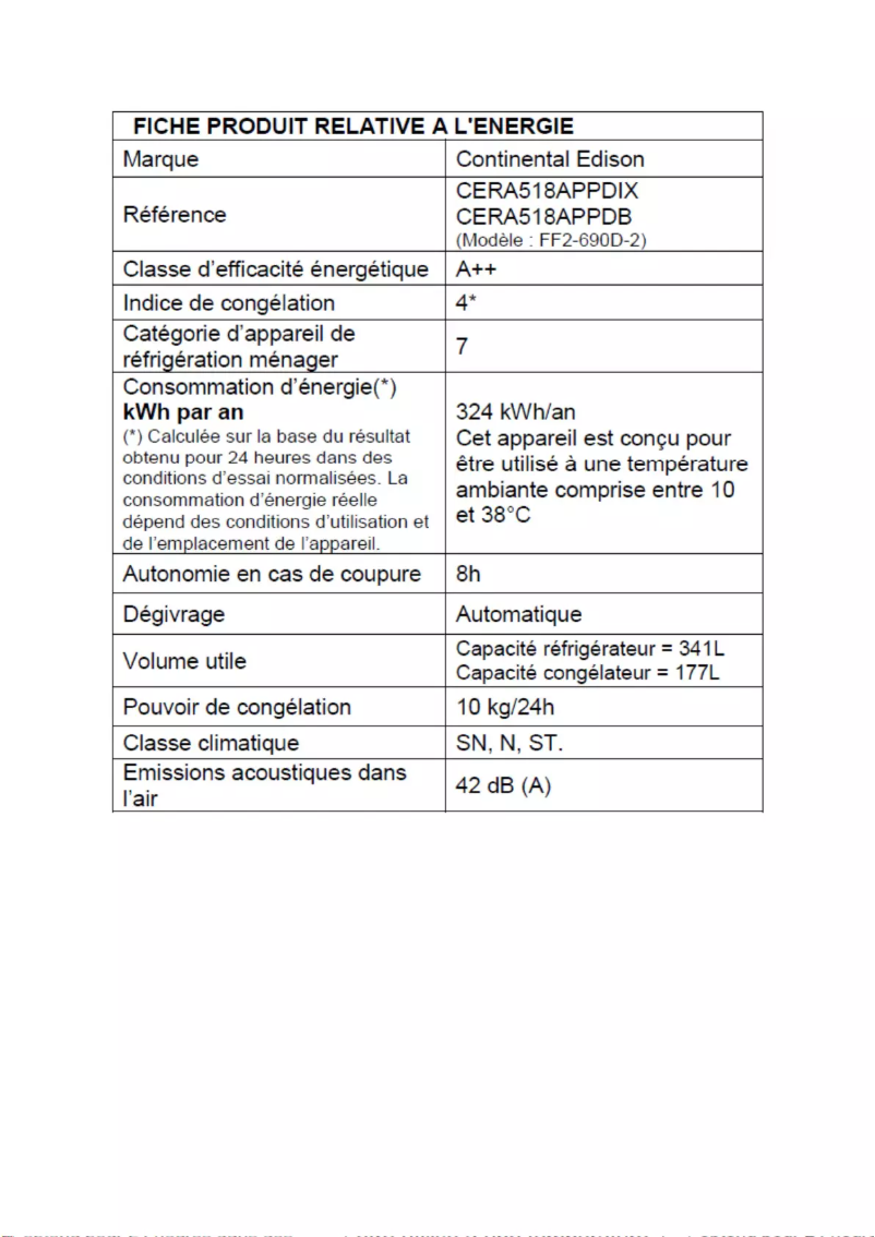 Page 1 de la notice Label énergétique Continental Edison CERA518APPDB