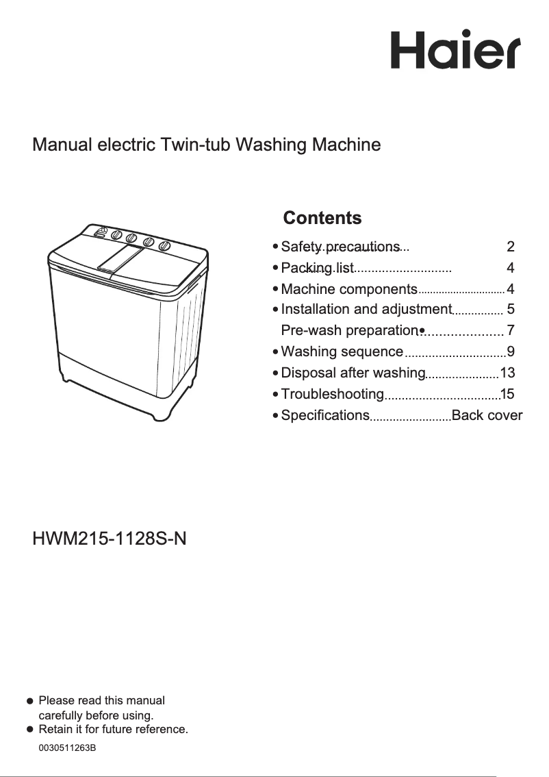 Page 1 de la notice Manuel utilisateur Haier HWM215-1128S-N