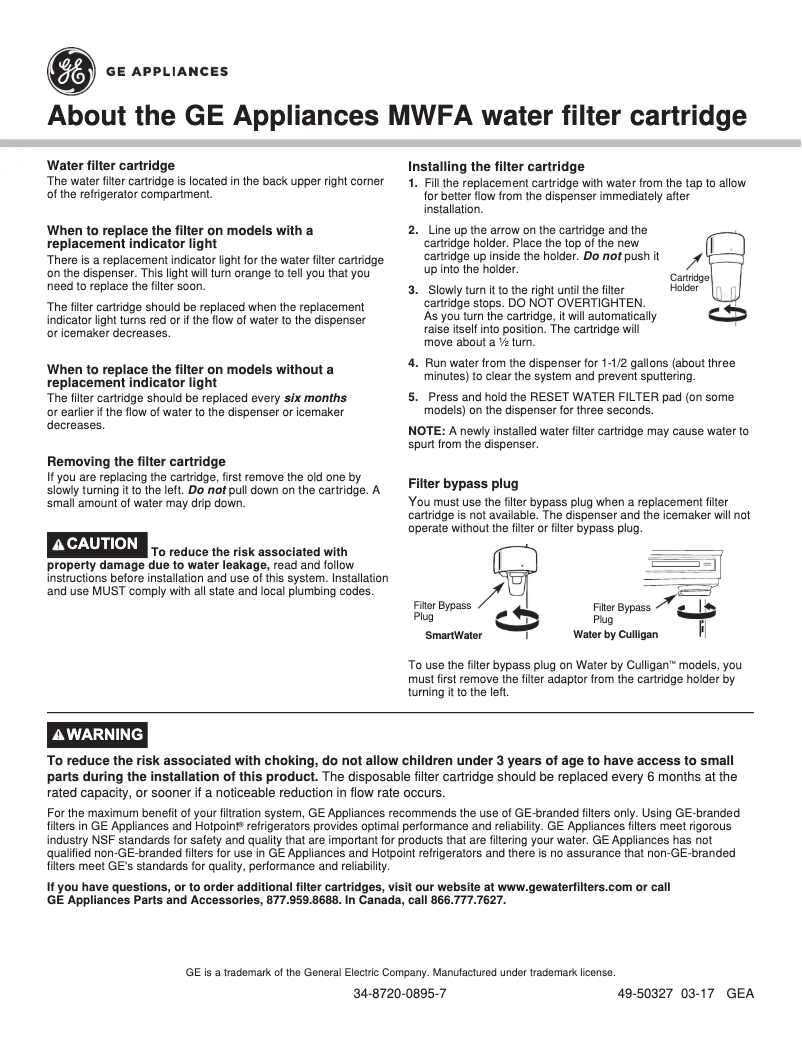 Page 1 de la notice Manuel d'utilisation et d'entretien GE MWFA3PK