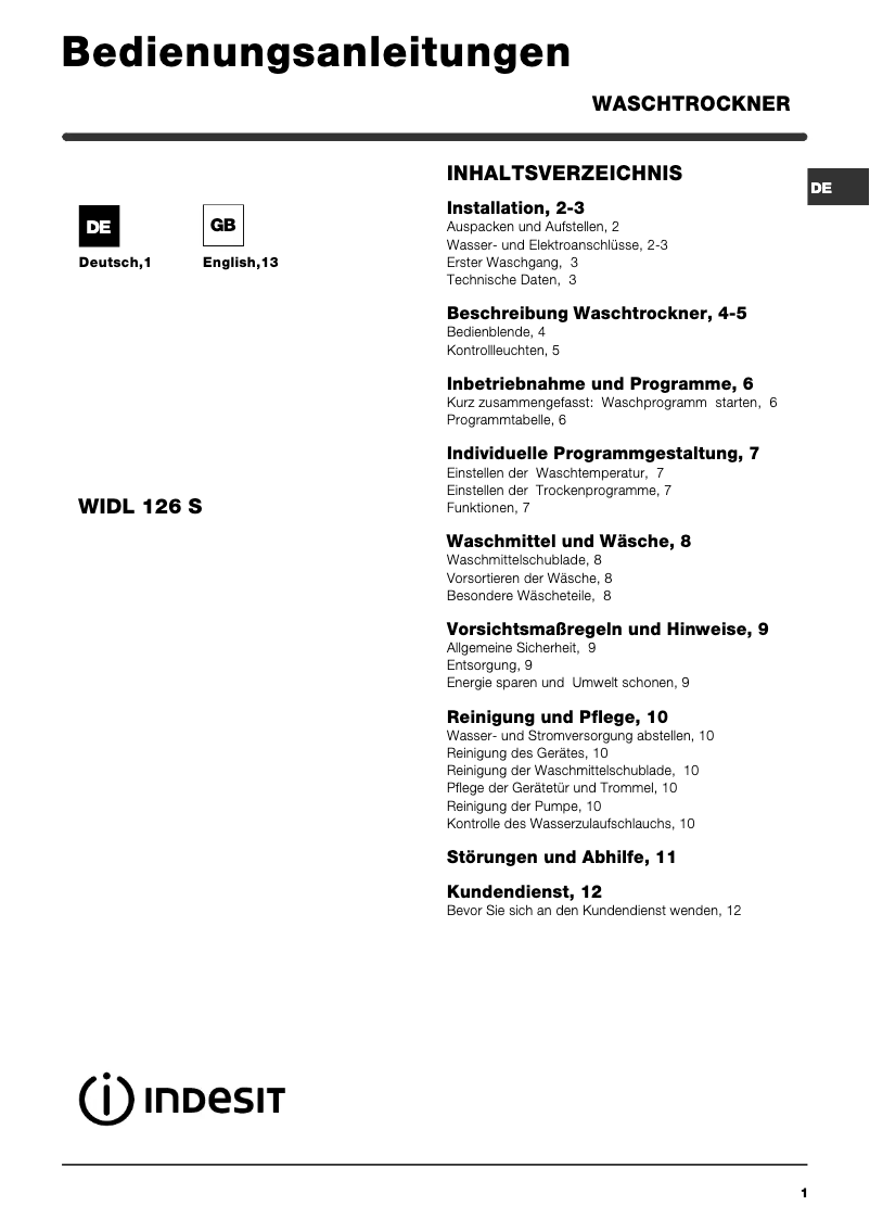 Page 1 de la notice Manuel utilisateur Indesit WIDL 126 S (DE)