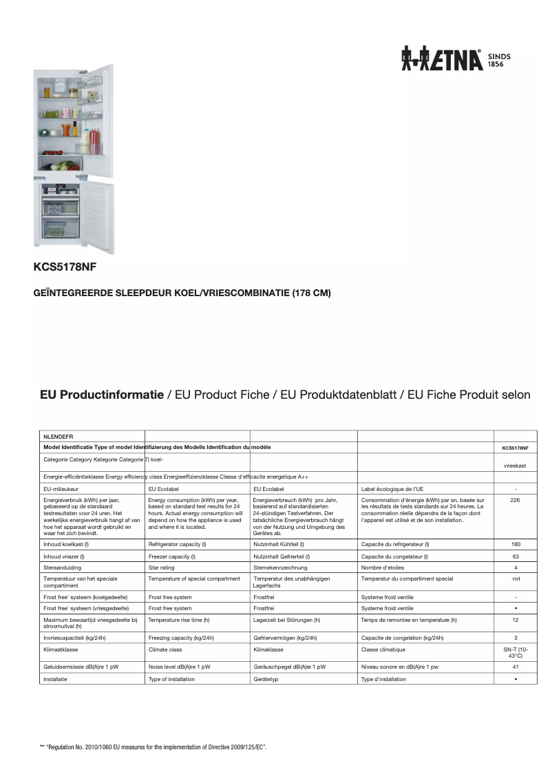 Page 1 de la notice Fiche technique Etna KCS5178NF