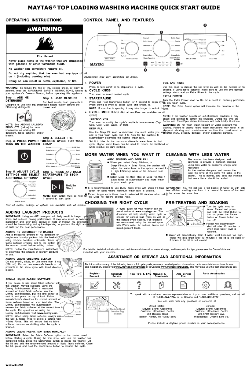Page n°1 - Guide de démarrage rapide Maytag MVW5430PBK