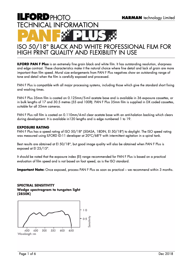 Page 1 de la notice Manuel utilisateur Ilford Pan F Plus 50