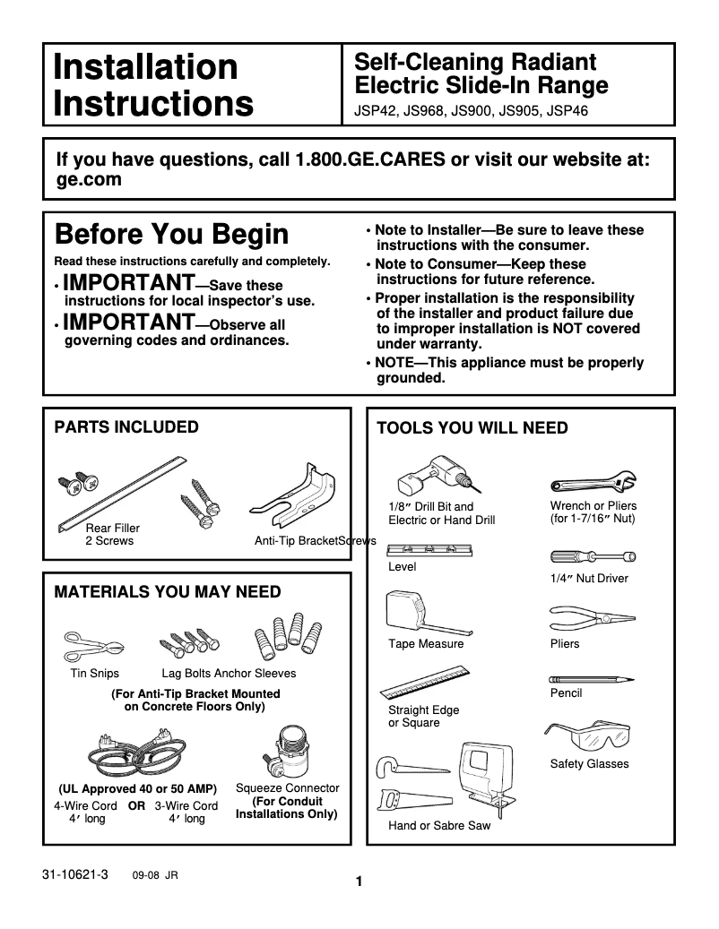 Page 1 de la notice Guide d'installation GE JSP42SKSS