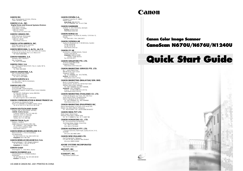 Page n°1 - Guide de démarrage rapide Canon CanoScan N676U