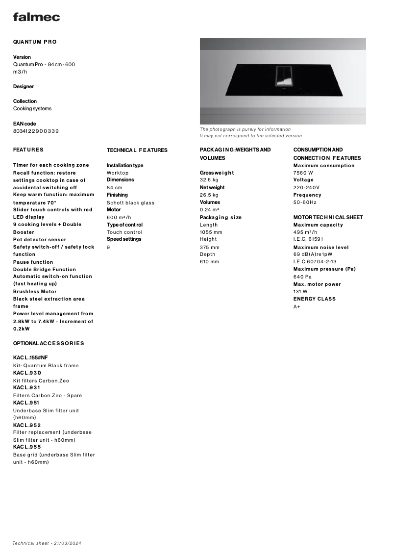 Page n°1 - Fiche technique Falmec Quantum Pro