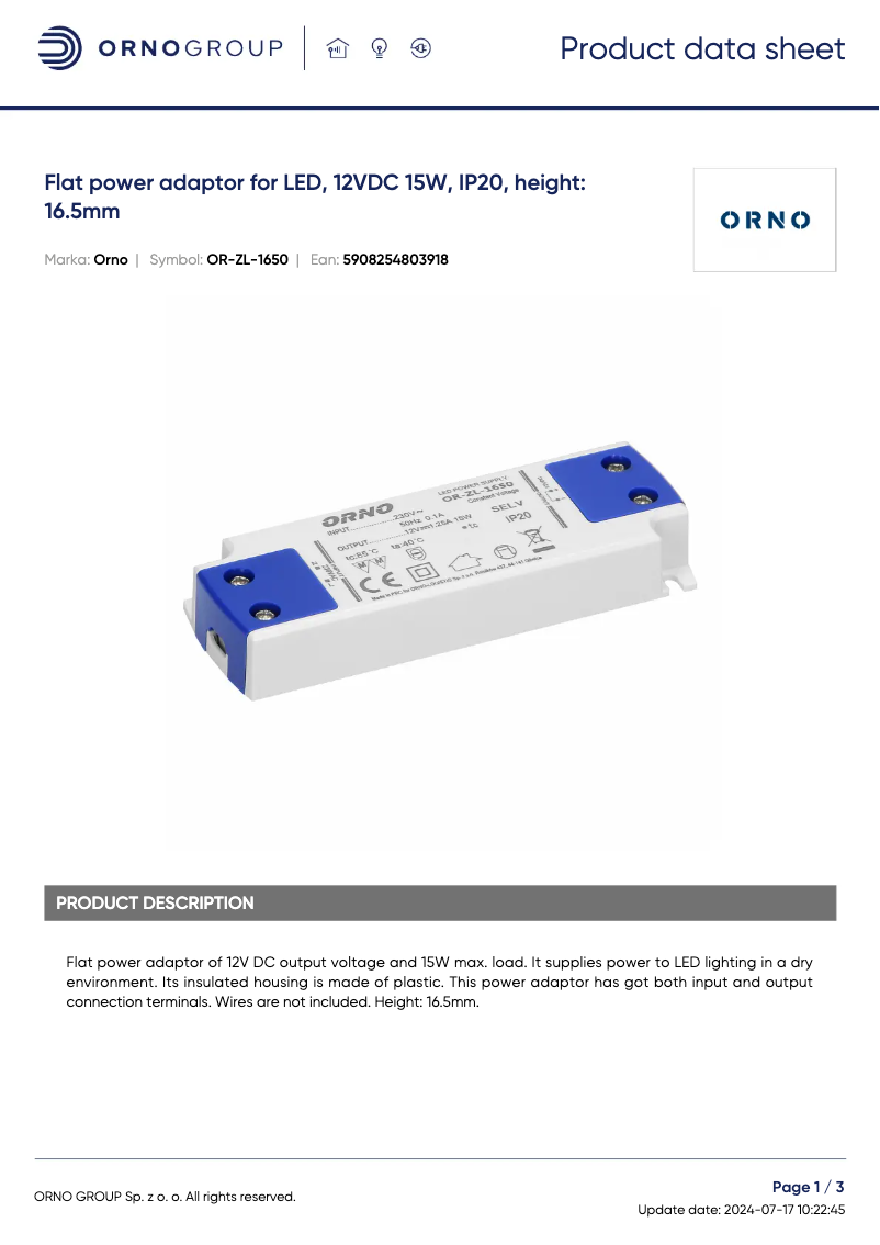 Page 1 de la notice Fiche technique ORNO OR-ZL-1650