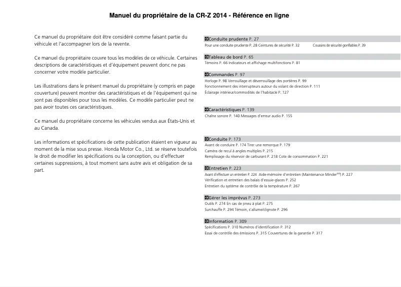 Page 1 de la notice Manuel utilisateur Honda CR-Z (2014)