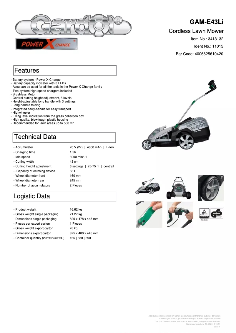 Page 1 de la notice Fiche technique Gardol GAM-E43Li