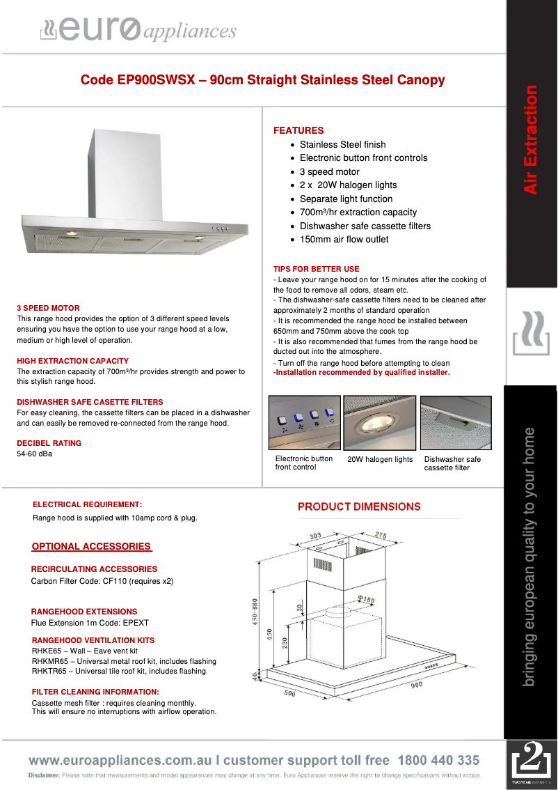 Page 1 de la notice Fiche technique Euro Appliances EP900SWSX