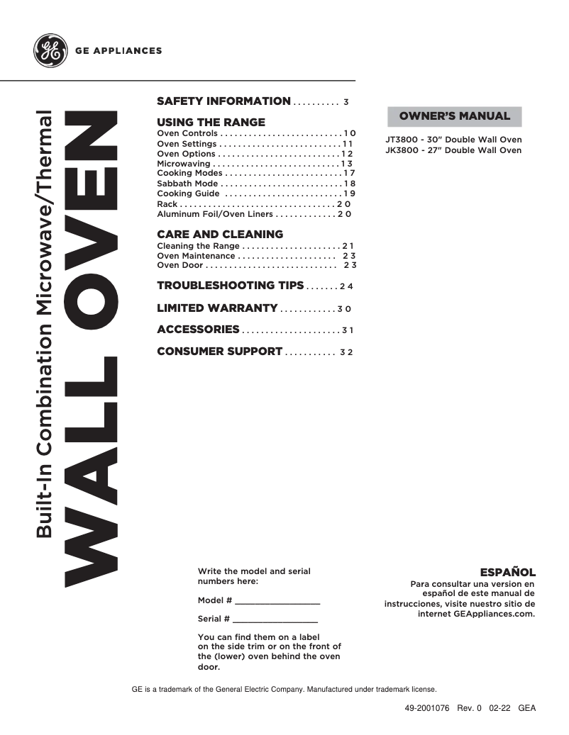 Page n°1 - Manuel utilisateur GE JT3800SHSS
