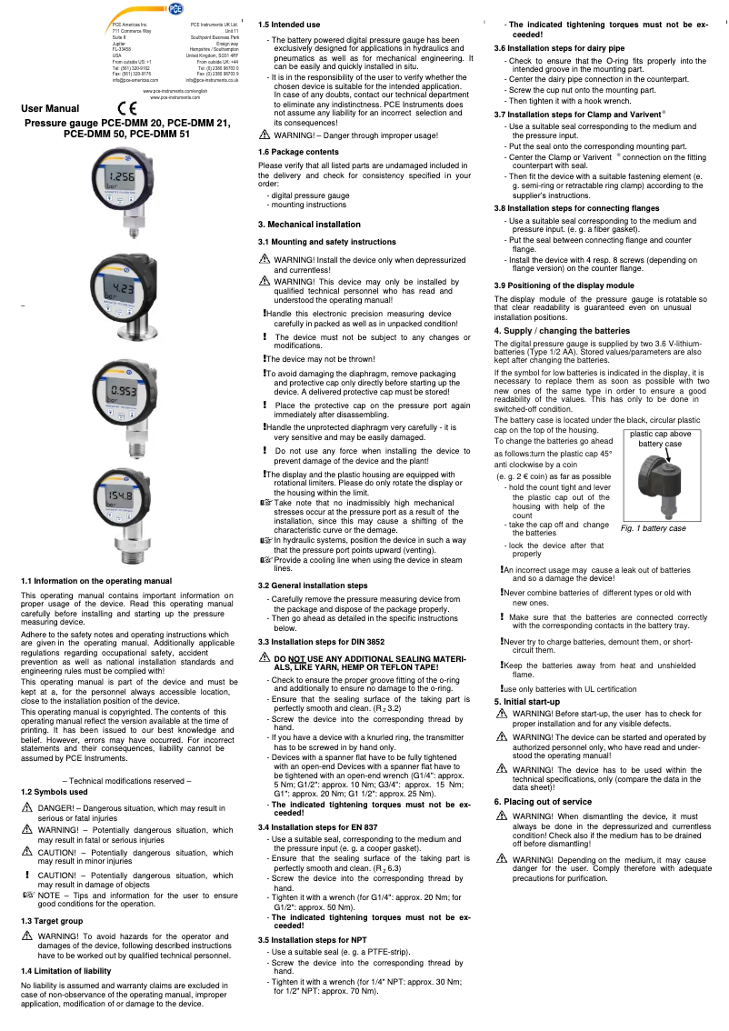 Page 1 of the manual User Manual PCE Instruments PCE-DMM 20