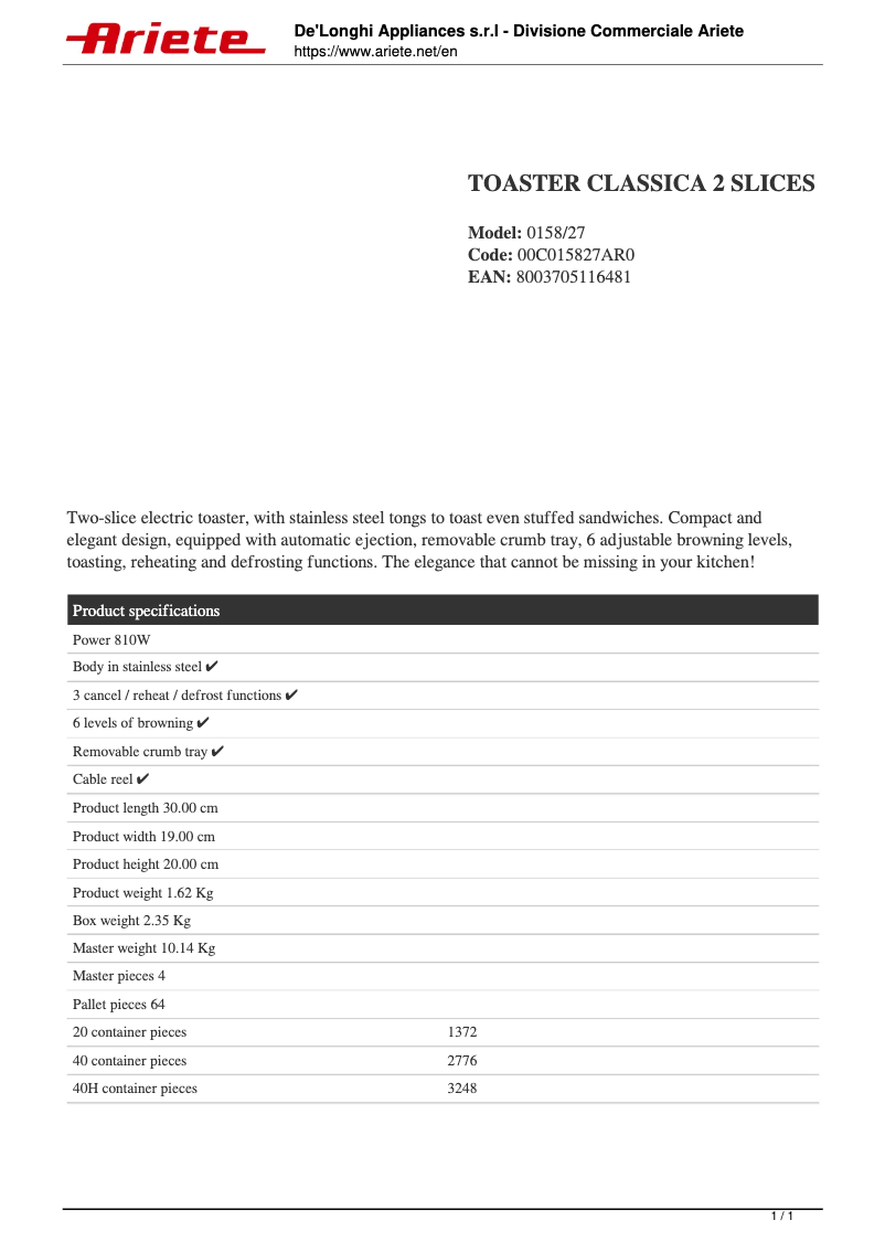 Página 1 del manual Ficha técnica Ariete 0158