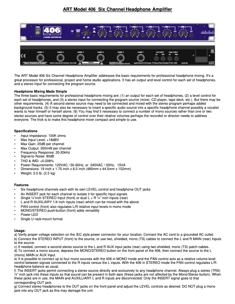 Page 1 de la notice Manuel utilisateur ART 406