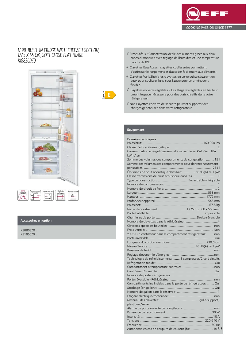 Page 1 de la notice Fiche technique Neff KI8826DE0