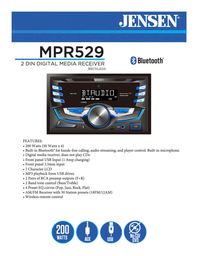 Page 1 de la notice Fiche technique Jensen MPR529
