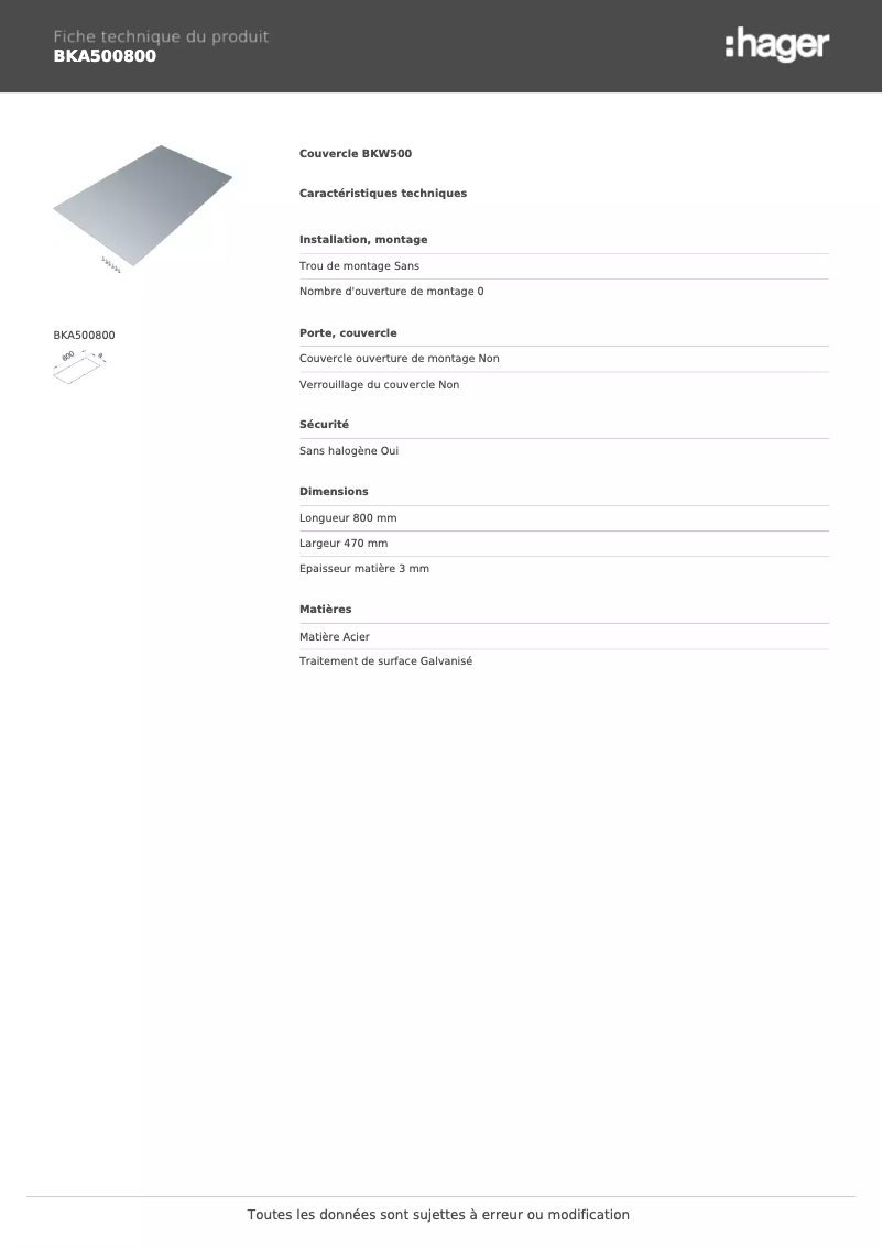 Page n°1 - Fiche technique Hager BKA500800