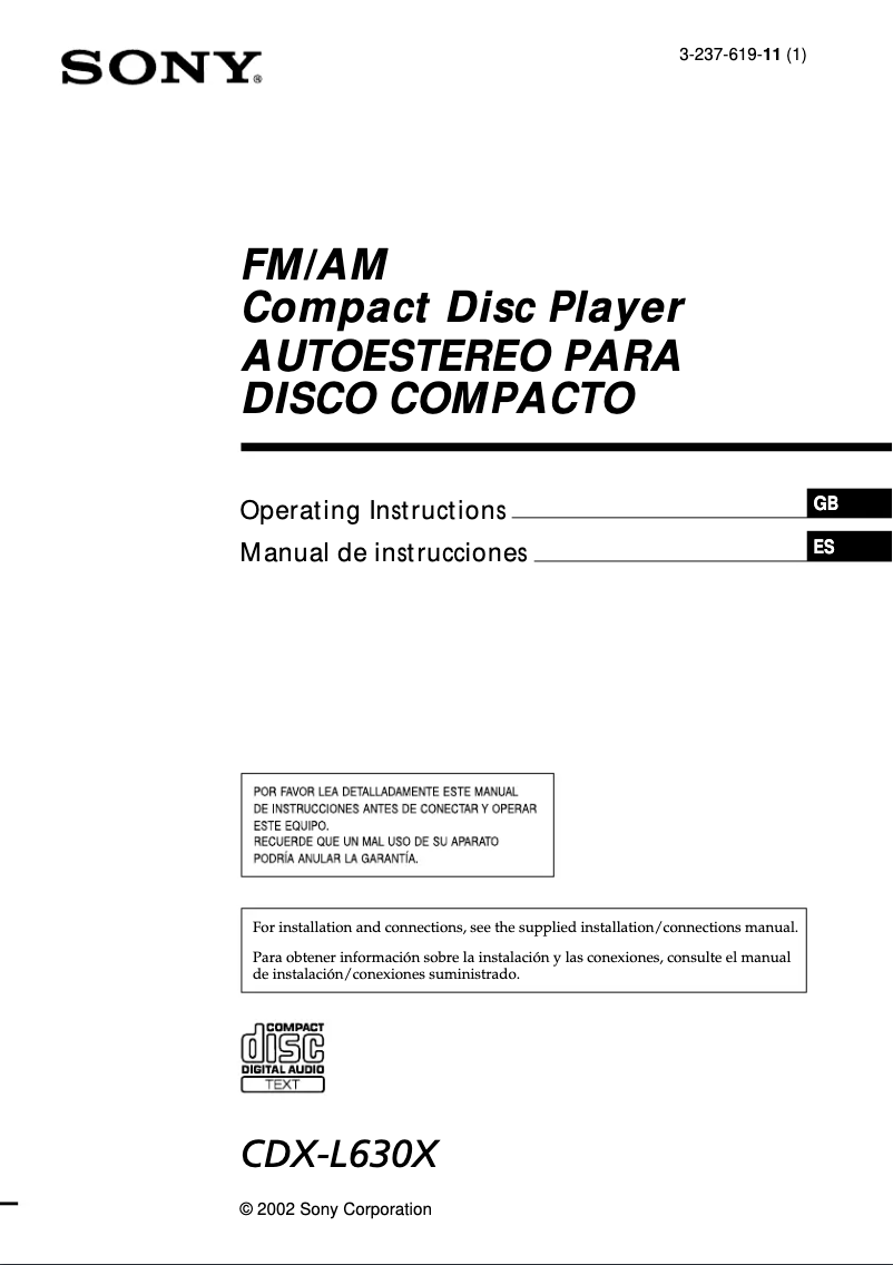 Page n°1 - Manuel utilisateur Sony CDX-L630X