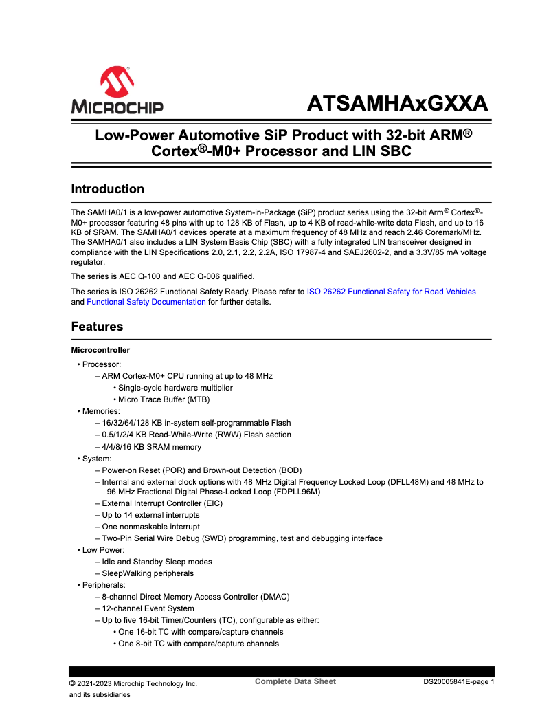 Page 1 de la notice Fiche technique Microchip ATSAMHA1G15A-B