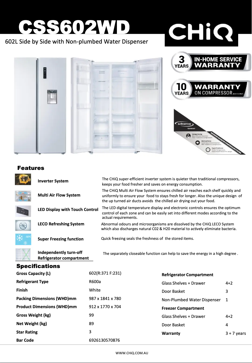 Page 1 de la notice Fiche technique CHiQ CSS602WD
