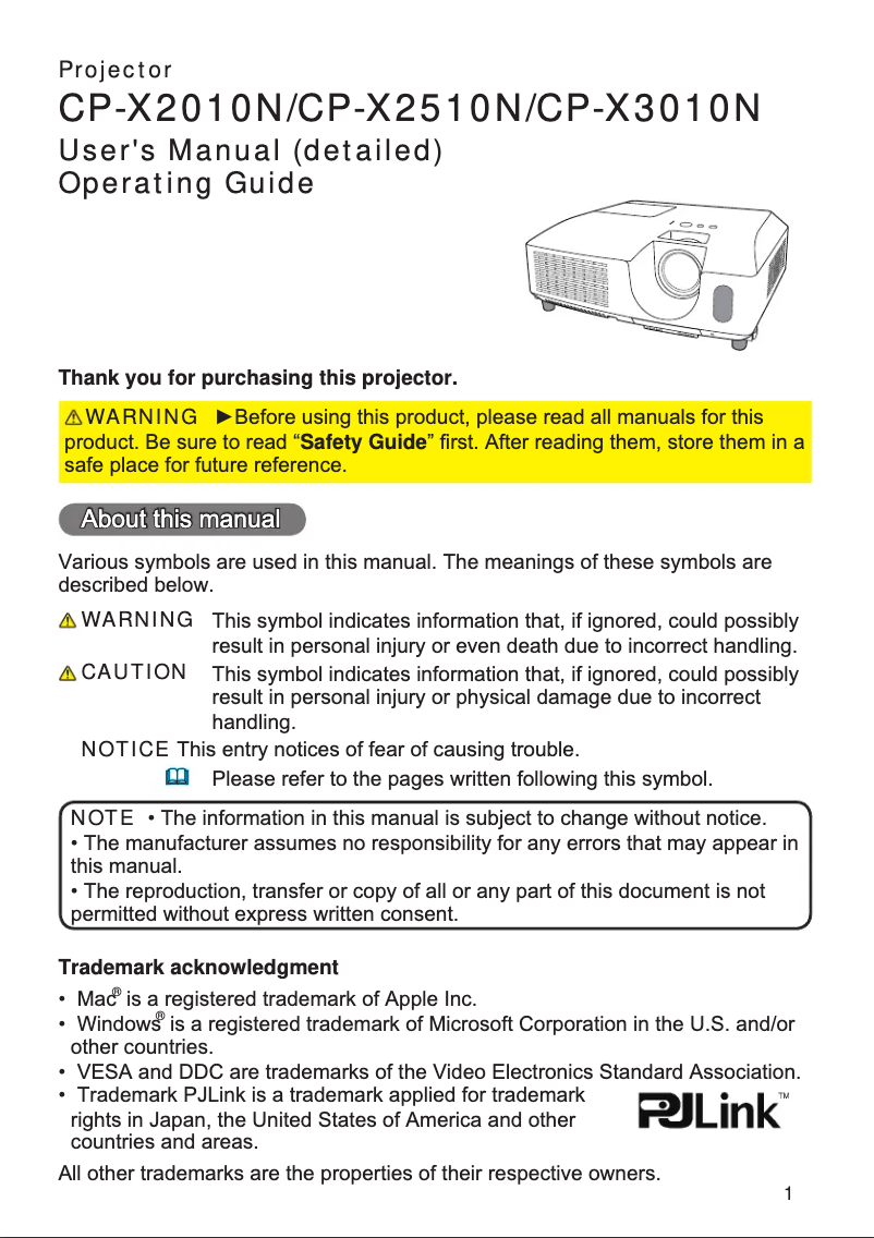 Image de la première page du manuel de l'appareil CP-X3010N