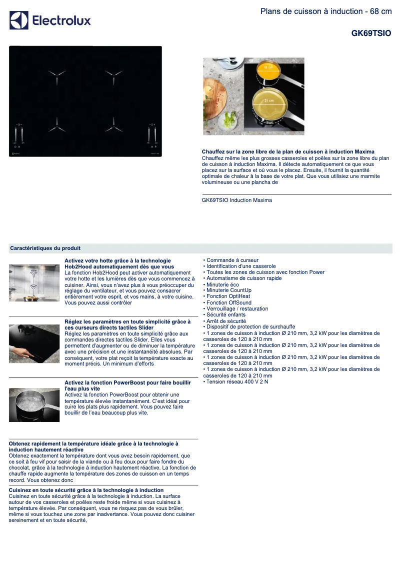 Page 1 de la notice Fiche technique Electrolux GK69TSIO