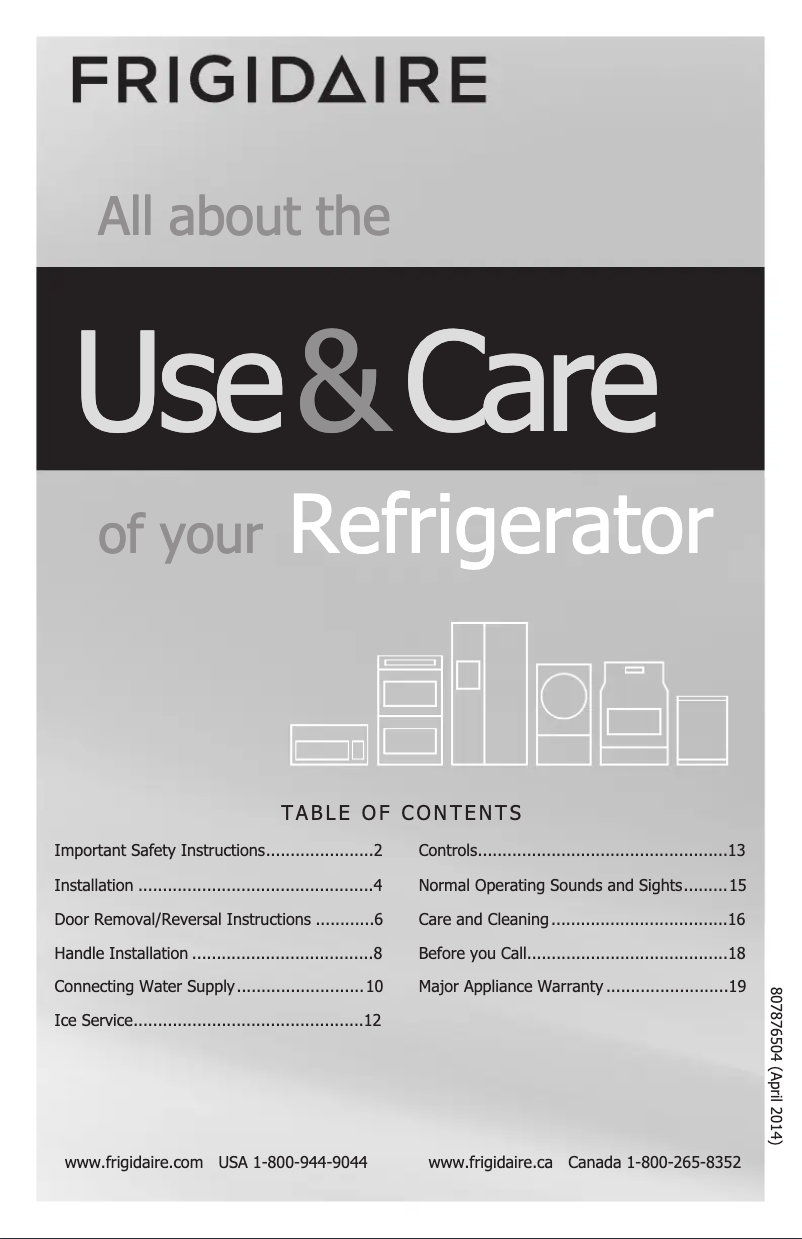 Page n°1 - Manuel d'utilisation et d'entretien Frigidaire FFHT1621Q