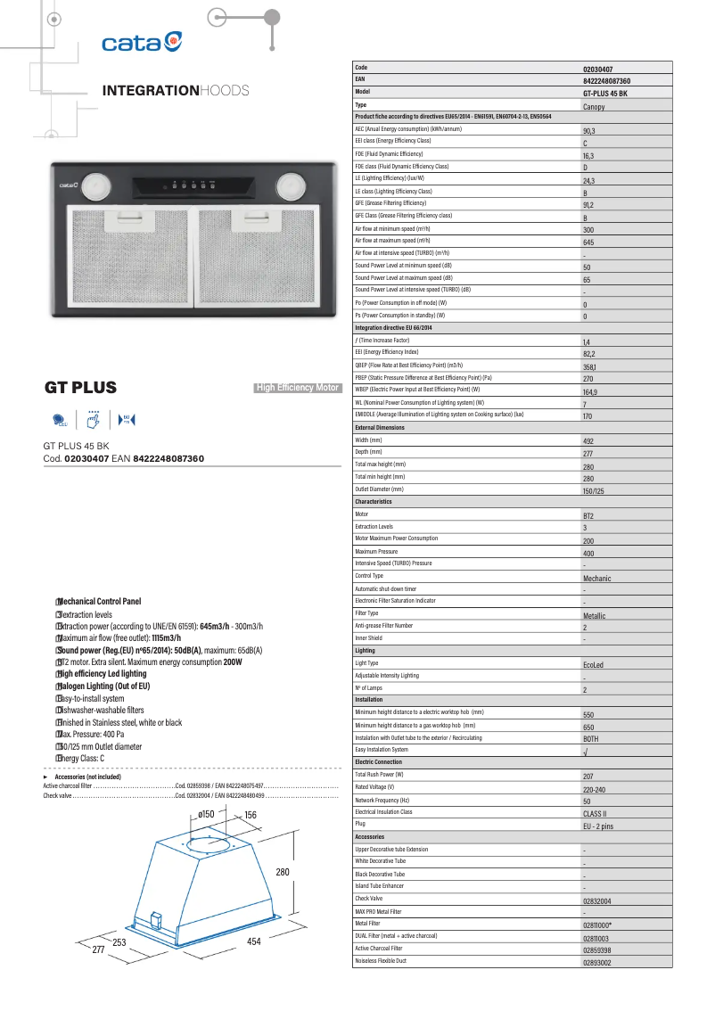 Page 1 de la notice Fiche technique CATA GT PLUS 45BK