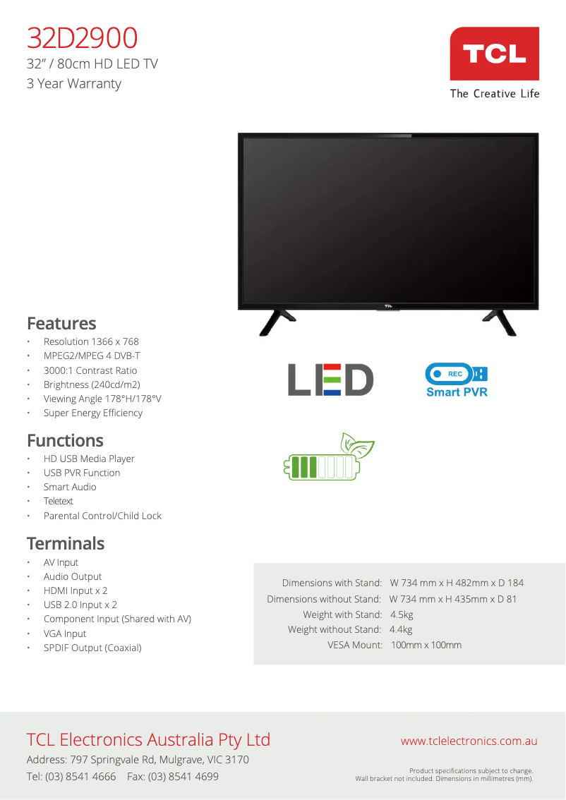 Page 1 de la notice Fiche technique TCL 32D2900