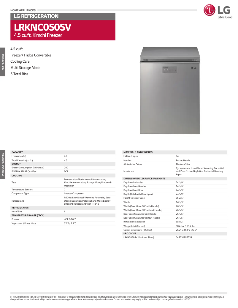 Page 1 de la notice Fiche technique LG LRKNC0505V