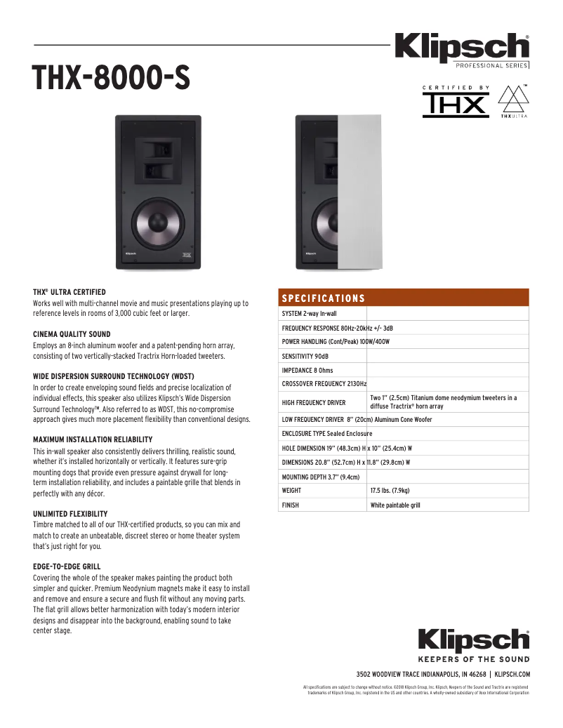 Page 1 de la notice Fiche technique Klipsch THX-8000-S