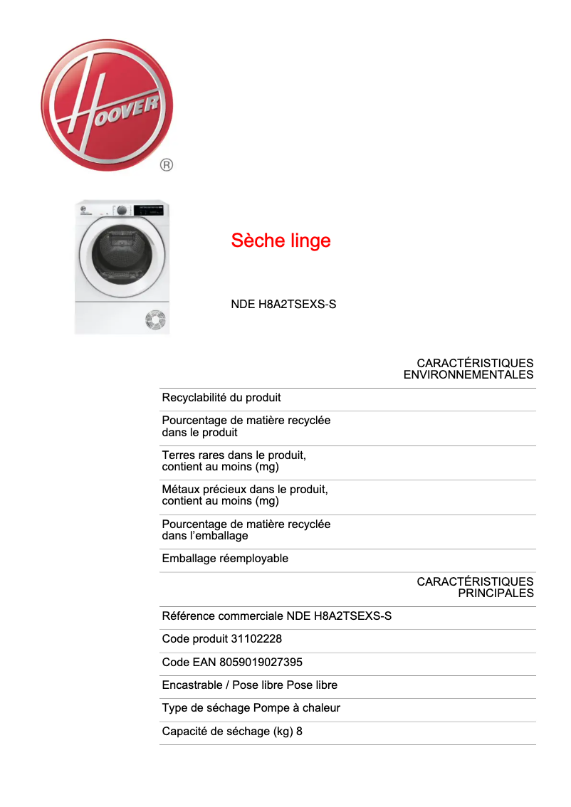 Página 1 del manual Ficha técnica Hoover NDE H8A2TSEXS-S