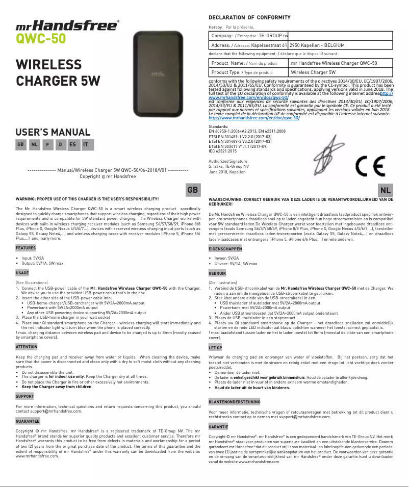 Page 1 de la notice Manuel utilisateur Mr. Handsfree QWC-50