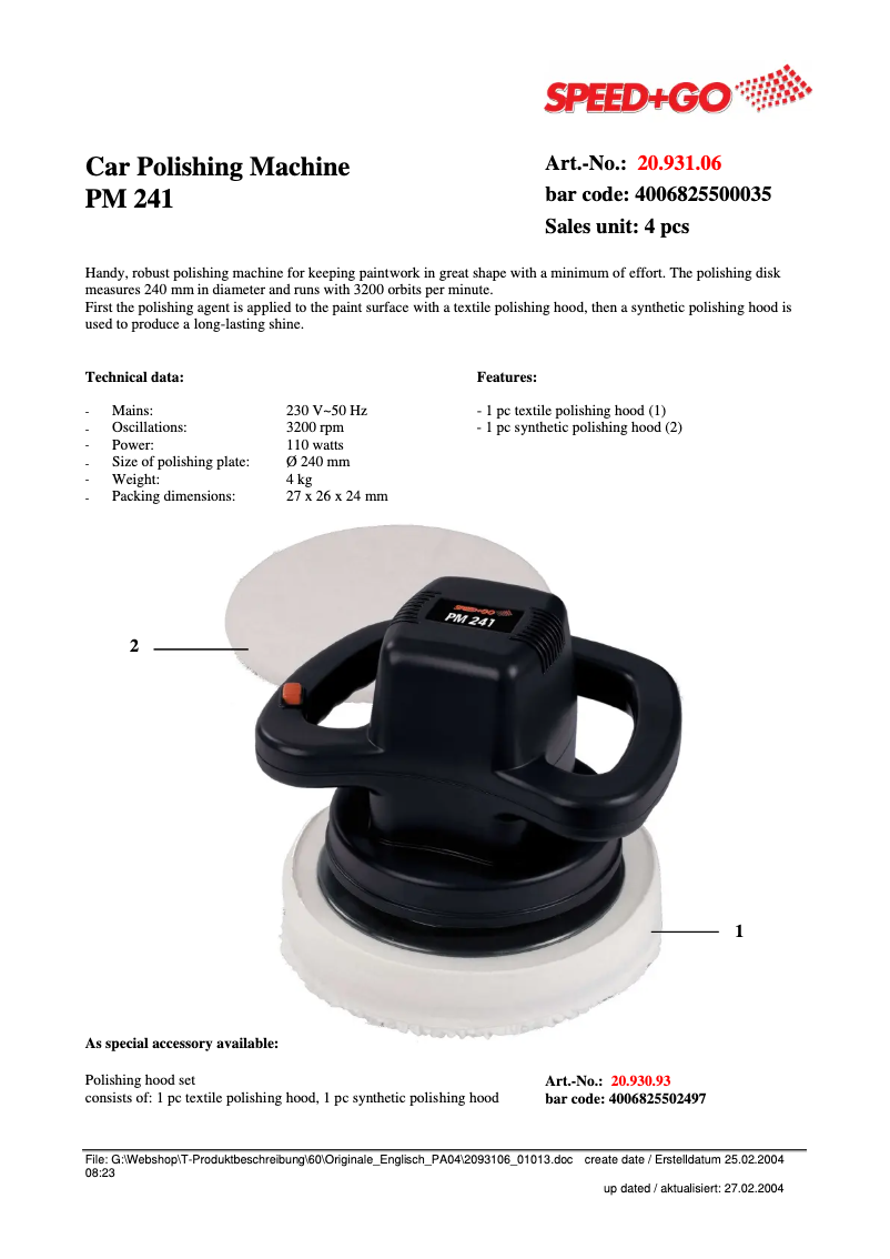 Page n°1 - Fiche technique Speed & Go PM 241