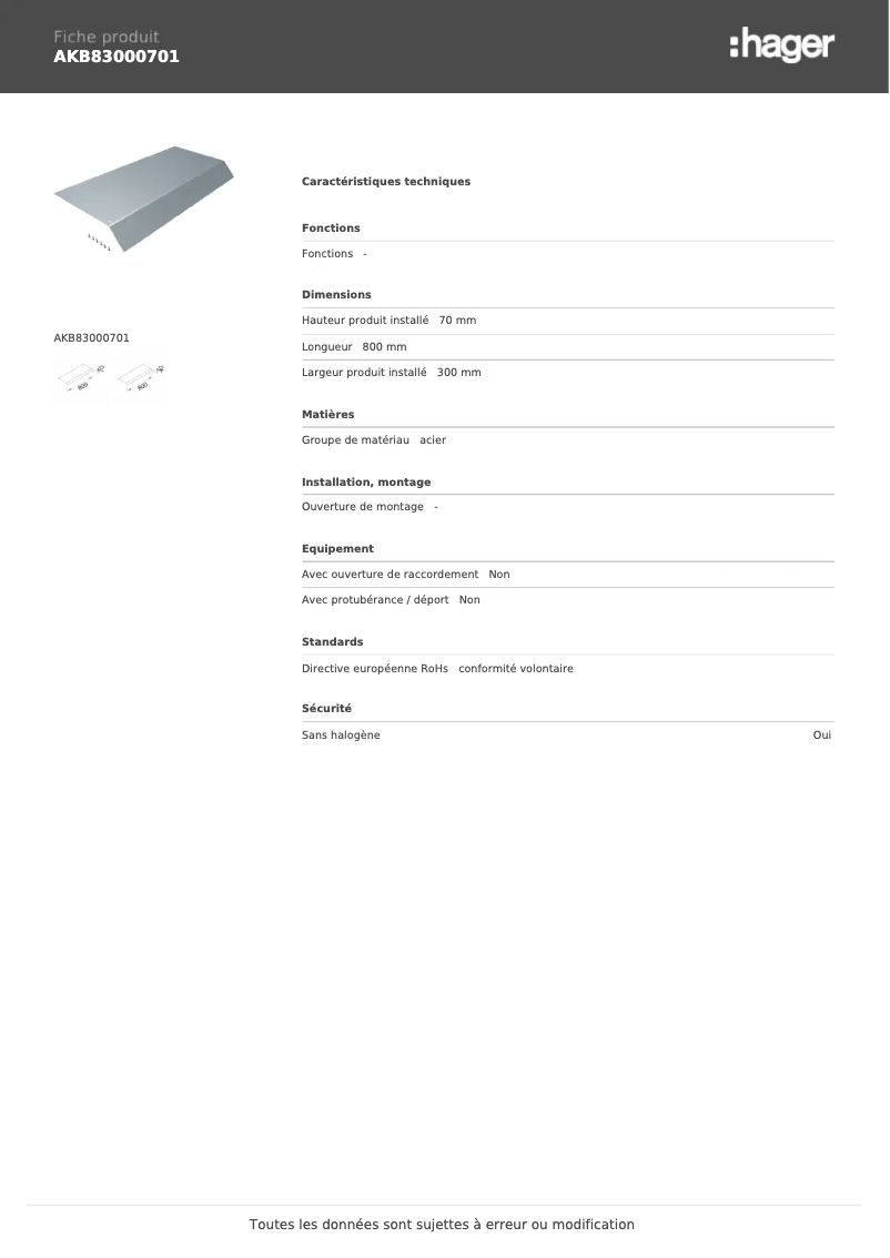 Page 1 de la notice Fiche technique Hager AKB83000701