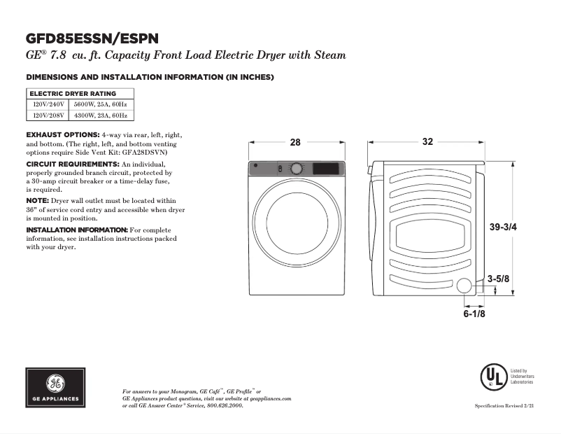 Page n°1 - Fiche technique GE GFD85ESPNDG