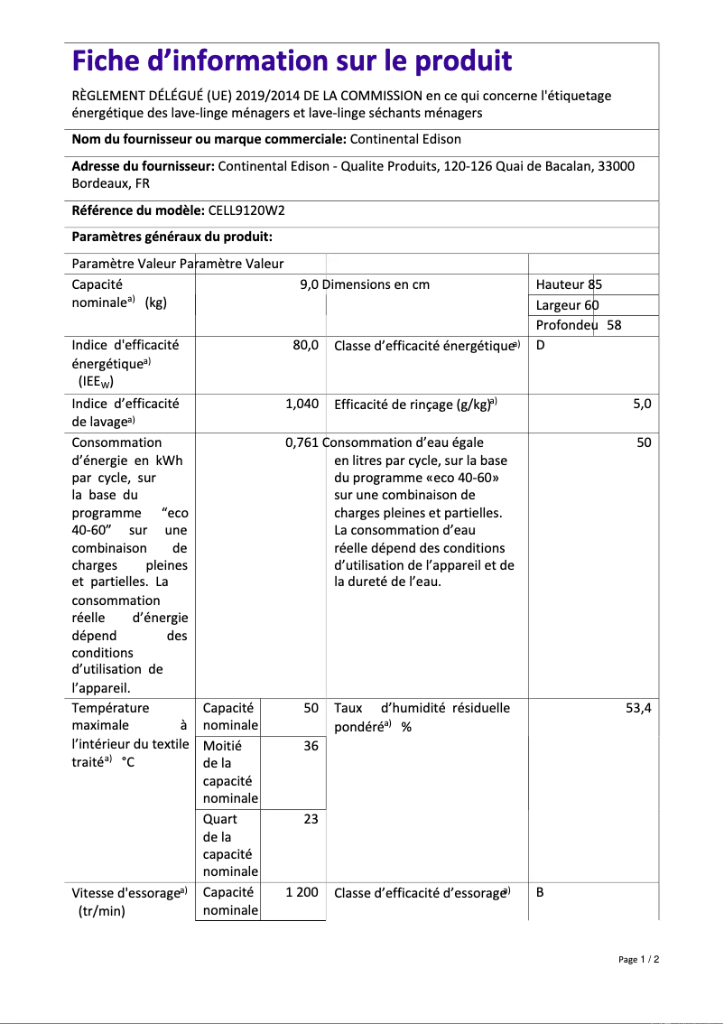 Page n°1 - Label énergétique Continental Edison CELL9120W2